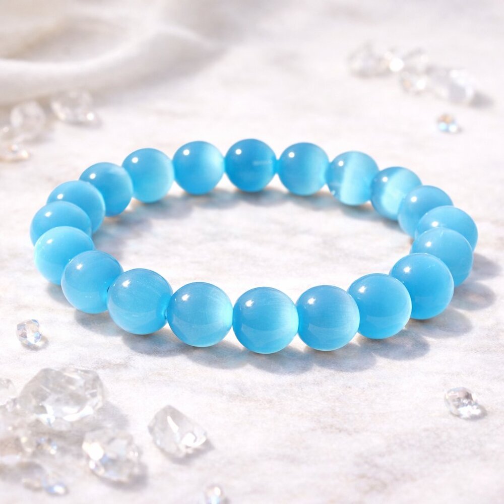 Blue Cat’s Eye Gemstone 10MM Beaded Stretch Bracelet Crystal Jewelry